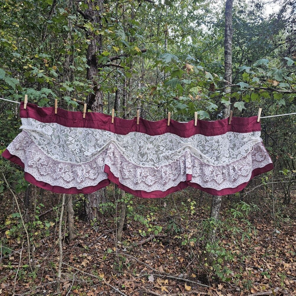 Vintage Burgundy & Ivory Lace Ruffled Valance | Country Cottage Decor